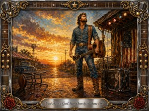 A rugged country musician stands tall on a weathered wooden stage at sunrise, holding an acoustic guitar with quiet determination. Warm gold, amber, denim blue, and rustic brown tones create a resilient, hopeful mood. Rich oil-paint textures, a Southern roadside backdrop, broken strings, road cases, and an ornate musical frame reinforce perseverance.