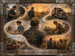 A richly textured Americana painting honors working life through an S-curved collage of factory labor, farming, trucking, nursing, construction, small-town streets, and family rest. Warm amber sunsets contrast with rugged steel, brown, and charcoal tones. An ornate guitar-string-and-metal frame and engraved title plate reinforce the proud, hardworking mood.