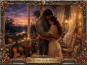 A tender couple embraces on a rose-covered country porch at twilight, surrounded by warm lantern light, drifting curtains, and a quiet river beneath a violet-orange sunset. Rich oil-paint textures, glowing amber highlights, and romantic floral details create a nostalgic mood, while an acoustic guitar and ornate gold-and-chrome frame reinforce the country love-song atmosphere.