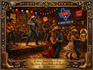 A lively Texas honky-tonk glows beneath warm amber and neon lights as a country band performs, led by an energetic fiddler. Dancing couples fill the rustic floor while guitars, drums, cowboy hats, and a jukebox enrich the festive scene. Rich oil-painted textures, deep browns, reds, blues, and ornate gold framing create nostalgic exuberance.