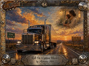 A chrome eighteen-wheeler rolls along a rain-slicked highway beneath a fiery orange and blue sunset, while a tender vision of a mother and child glows near a farmhouse porch. Rich painterly textures, warm reflections, road signs, guitar details, and an ornate metallic frame create a nostalgic, heartfelt country-road atmosphere.