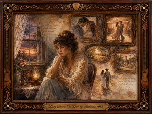 A wistful woman sits beside a sunset window, surrounded by ornate framed memories of romance, dancing, country roads, and a rural home. Warm amber, sepia, rose, and brown tones create nostalgic melancholy. Painterly textures, soft lamplight, vintage rosewood framing, roses, records, and guitar details evoke love remembered and quietly lost.
