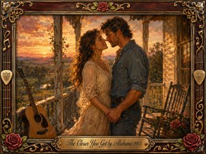 A tender couple stands close on a weathered country porch at sunset, hands clasped beneath a glowing amber sky. Warm gold, rose, and earthy tones create an intimate, nostalgic mood. Painterly oil textures soften the rural landscape, acoustic guitar, rocking chair, flowers, and ornate rosewood-and-gold musical frame.