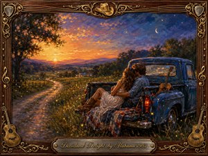 A romantic couple sits close together in the bed of a vintage blue pickup beside a winding country road at sunset. Warm gold, amber, and deep blue tones create a tender Southern atmosphere, with fireflies, distant hills, stars, and a crescent moon. Painterly textures and an ornate musical frame enhance the nostalgic mood.