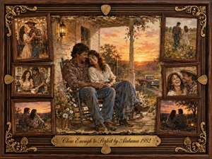 A warmly nostalgic country romance unfolds in a rosewood-framed collage, centering on a loving couple cuddled on a farmhouse porch at sunset. Golden skies, wildflowers, rustic fields, and faded memory vignettes surround them. Rich oil, acrylic, and watercolor textures, ornate gold accents, guitar-string details, and a scripted plaque enhance the tender mood. SongData_CloseEnoughToPerfect_Alabama_1982