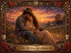 A tender country couple embraces in a wildflower meadow beneath a blazing sunset, their closeness conveying warmth, longing, and devotion. Rich oranges, purples, and earthy browns glow across the textured oil-painted landscape. An ornate rosewood-and-gold frame, decorated with roses, guitar strings, and picks, surrounds the romantic rural scene.