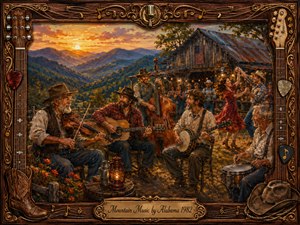 A warm, richly textured painting captures a joyful mountain music gathering at sunset, with fiddlers, guitar, banjo, upright bass, dancing couples, and a rustic barn against layered blue-green hills. Golden light, earthy reds and browns, lively brushwork, and an ornate wood-and-gold musical frame create a nostalgic Southern celebration.