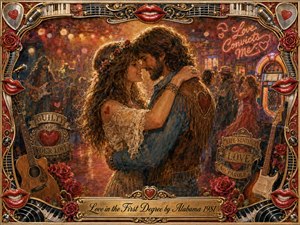 A romantic couple embraces beneath warm amber lights in a lively vintage dance hall, surrounded by musicians, guitars, roses, glowing neon, and a jukebox. Rich reds, golds, browns, and blues create passionate warmth. Painterly oil textures, ornate musical framing, glossy red lips, and the engraved title plate heighten the nostalgic mood.