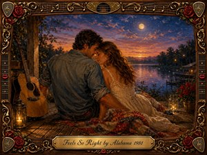 A tender couple embraces on a rustic lakeside porch beneath a glowing moon and fading sunset. Warm amber lanterns, crimson roses, fireflies, and an acoustic guitar enrich the intimate country atmosphere. Rich blues, golds, and rose tones blend in a textured oil-paint style, framed by ornate musical motifs and elegant gold detailing.