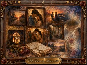 A nostalgic rosewood-framed collage evokes enduring love through warmly painted memories of a couple embracing, dancing, and meeting beside a vintage truck at sunset. Faded photographs, dried roses, handwritten letters, a glowing jukebox, and rural landscapes blend in amber, brown, blue, and gold tones, creating a tender, bittersweet atmosphere.
