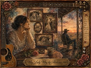 A wistful woman sits beside an acoustic guitar and faded framed memories while a solitary cowboy watches the sunset from a rustic porch. Warm amber, rose, brown, and muted blue tones create a tender, heartbroken mood. Painterly textures, antique rosewood framing, roses, strings, and ornate gold details deepen the nostalgic country atmosphere.
