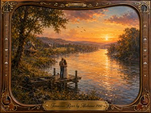 A romantic couple stands together on a rustic dock beside the Tennessee River at glowing sunset, surrounded by rolling hills, farmland, trees, wildflowers, and a small boat. Warm gold, amber, blue, and rose tones create a nostalgic country mood, while painterly oil textures, ornate musical framing, and engraved details add timeless charm.