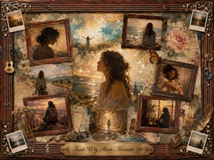 A contemplative woman stands amid a nostalgic collage of framed memories, coastal horizons, winding roads, embraces, and quiet solitude. Warm amber, muted teal, rose, and sepia tones glow beneath soft sunset light. Layered painterly textures, handwritten notes, flowers, feathers, and butterflies create a tender atmosphere of gratitude, release, reflection, and renewal.