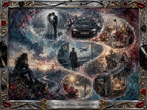 A moody mixed-media collage unfolds along a sweeping S-curve of ironic moments: rain-soaked lovers, stalled traffic, missed travel, a wineglass with a fly, and a lonely roadside warning. Stormy blues, silver, burgundy, and warm amber highlights create bittersweet tension, framed by ornate chrome, gold filigree, red lips, and musical details.