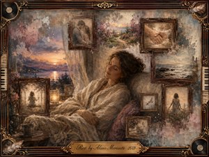 A serene woman rests beside a sunset window, wrapped in soft cream fabric and surrounded by faded rosewood-framed memories of love, childhood, nature, and companionship. Warm amber light blends with dusty rose, mauve, and blue-gray washes. Painterly oil, acrylic, and watercolor textures create a tender, nostalgic atmosphere within an ornate musical frame.