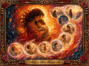 A mother cradles a sleeping child within a radiant swirl of amber, crimson, and midnight blue, while glowing feathered memory bubbles curve around them in an S-shaped journey through childhood. Warm golden light, expressive painterly textures, roses, musical details, and an ornate rosewood-and-gold frame create a tender, protective, nostalgic atmosphere.