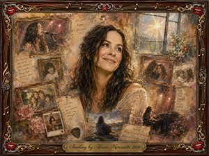 A warmly nostalgic mixed-media portrait centers on a softly smiling woman surrounded by faded photographs, handwritten notes, flowers, rain-lit windows, and musical memories. Rich rosewood, gold, cream, dusty rose, and muted blue tones glow with gentle amber light. Painterly oil, acrylic, and watercolor textures create tenderness, resilience, reflection, and quiet hope.