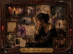 A solitary woman sits pensively at a dim bar table, surrounded by faded framed memories of stages, city streets, empty rooms, and past selves. Rich browns, smoky golds, and muted purples create a melancholy warmth, while dramatic low lighting, painterly textures, musical details, and an ornate rosewood frame deepen the reflective mood.