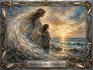 A luminous guardian figure shelters a young person on a windswept shoreline at sunrise, her sweeping feathered wings curving protectively around them. Golden light reflects across blue-gray waves beneath rose, teal, and amber clouds. Rich mixed-media brushwork, delicate roses, musical details, and an ornate chrome-and-gold frame create a tender, uplifting atmosphere.
