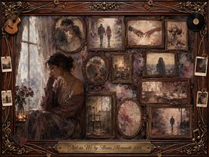A solitary woman sits beside a rain-streaked window, surrounded by ornate rosewood frames holding faded scenes of love, distance, and memory. Muted browns, dusty mauves, and warm golds create a tender, reflective mood. Soft diffused light and painterly oil-watercolor textures suggest loss, renewal, and quietly rebuilding a life.