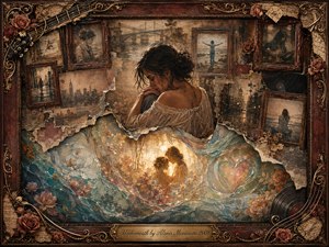 A contemplative woman sits amid faded framed memories, torn paper, roses, vinyl, and musical details, while a luminous dreamscape opens beneath her. Warm sepia, dusty rose, teal, and gold tones glow through layered oil, acrylic, and watercolor textures, creating a nostalgic, intimate mood of vulnerability, reflection, and hidden emotional truth.