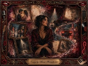 A contemplative woman sits amid fading framed memories, handwritten notes, rain-soaked streets, a glowing vintage car, piano, and solitary microphone. Deep burgundy, black, amber, and gold create a restless, nostalgic mood. Dramatic spotlighting and textured mixed-media brushwork blend romance and turbulence, enclosed by an ornate musical rosewood frame.