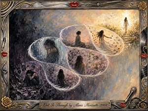 A solitary woman moves through feathered S-curve memories from shattered darkness toward radiant release, symbolizing endurance and healing. Painterly gouache textures shift from smoky blues, purples, and charcoal into warm gold and cream. Rain, tangled thoughts, fading photographs, roses, drifting petals, and sunlight fill an ornate music-themed metallic frame.
