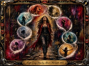 A defiant woman strides through a dark, chaotic dreamscape while eight feather-edged memory bubbles curve around her in an S-shaped path. Fiery reds, golds, blues, and violet shadows intensify the rebellious mood. Expressive mixed-media textures, fractured symbols, numbered stages, and a metallic music-themed frame suggest struggle, transformation, and hard-won self-awareness.