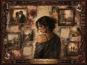 A contemplative woman stands amid a nostalgic collage of faded photographs, handwritten notes, roses, an empty chair, and distant roads. Warm sepia, dusty rose, charcoal, and muted gold tones create a tender, melancholy atmosphere. Soft painterly lighting and layered mixed-media textures suggest memories that remain beautiful yet painfully vivid.