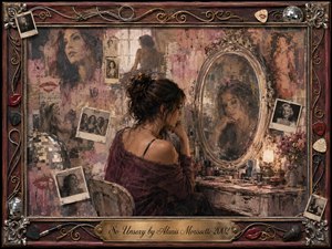 A contemplative woman sits before an ornate vanity mirror, surrounded by faded photographs, roses, cosmetics, and fragmented memories. Warm sepia, burgundy, dusty pink, and muted gold create a wistful, vulnerable mood. Painterly textures blend oil, acrylic, and watercolor effects, while soft lamplight and a richly embellished musical frame deepen the nostalgic atmosphere.