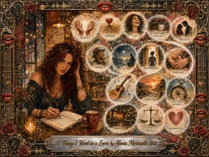 A thoughtful auburn-haired woman writes in a journal inside a warmly lit bohemian cafe, surrounded by glowing symbolic bubbles representing desired qualities in love. Rich gold, rose, cream, and charcoal tones create an intimate, hopeful mood. Ornate musical filigree, red lips, roses, and a polished title plate frame the painterly collage.