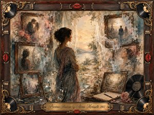 A solitary woman stands amid fading framed memories, shattered reflections, roses, vinyl records, and handwritten keepsakes, facing a luminous shoreline beyond dissolving walls. Warm sepia, amber, dusty blue, and blush tones glow through soft golden light. Painterly textures, ornate rosewood framing, guitar strings, red lips, and gilded details create wistful introspection.