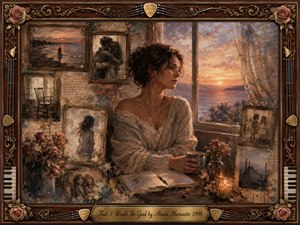 A contemplative woman sits beside a sunset window, surrounded by faded framed memories, handwritten notes, wilted roses, and a glowing candle. Warm amber, dusty rose, sepia, and muted blue tones create a tender, reflective mood. Painterly oil, acrylic, and watercolor textures blend softly within an ornate rosewood musical frame.