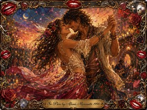 A free-spirited couple dances intimately beneath a glowing twilight sky, surrounded by roses, drifting petals, lanterns, and festival lights. Rich crimson, gold, amber, and midnight blue create a romantic, exuberant mood. Expressive painterly textures blend oil, acrylic, and watercolor effects, framed by ornate musical details, red lips, and gleaming gold ornamentation.