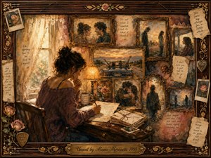A thoughtful woman writes an unsent letter at a warmly lit desk, surrounded by vintage rosewood frames holding faded memories of love, separation, travel, and reflection. Sepia, dusty rose, amber, and muted blue tones blend through oil, acrylic, and watercolor textures, while handwritten notes, roses, and gold details deepen the nostalgic mood.