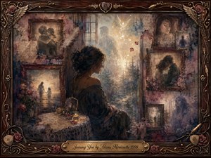 A solitary woman sits amid fading rosewood-framed memories, surrounded by tender scenes of love, childhood, solitude, and loss. Muted burgundy, sepia, blue, and gold tones glow beneath soft, dreamlike light. Layered oil, acrylic, and watercolor textures create a haunting nostalgic collage, framed with musical details, roses, wings, and ornate metalwork.