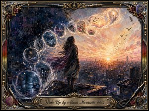 A solitary woman stands above a sleeping city at dawn as luminous feathered bubbles sweep upward in an S-curve, carrying fragments of storms, memories, flowers, and awakening. Deep indigo shadows dissolve into glowing gold and coral skies, while expressive mixed-media textures, flying birds, and an ornate music-themed metallic frame create an introspective, hopeful atmosphere.
