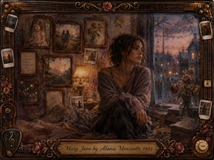 A solitary woman sits beside a rain-streaked window in a dim, memory-filled bedroom, surrounded by faded photographs, roses, handwritten notes, and antique frames. Warm amber lamplight contrasts with the cool violet dusk outside, creating a tender, melancholic mood. Painterly textures, weathered details, and musical ornamentation evoke vulnerability, reflection, and fading youth.