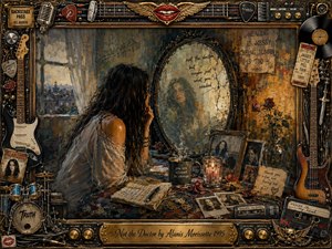 A dark-haired woman faces a weathered mirror in a cluttered, candlelit room filled with faded photographs, handwritten notes, roses, and music memorabilia. Warm amber, charcoal, and muted blue tones create a reflective, emotionally guarded mood. Rich painterly textures and an ornate rock-themed frame reinforce themes of boundaries, healing, memory, and self-reliance.