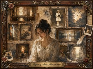 A contemplative woman sits amid a weathered collage of childhood, church, school, prayer, and fading photographs, suggesting memory, judgment, and release. Sepia browns, muted golds, and soft cream tones glow under gentle, aged light. Ornate rosewood, roses, strings, and metallic details frame the painterly scene, creating a haunting yet tender atmosphere of forgiveness.