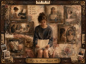 A melancholy teenage girl sits holding an A+ report card amid faded framed memories of piano lessons, ballet, family dinners, awards, and practiced smiles. Warm sepia, dusty rose, muted blue, and antique gold tones glow softly across layered oil, acrylic, and watercolor textures, enclosed by an ornate musical rosewood frame.