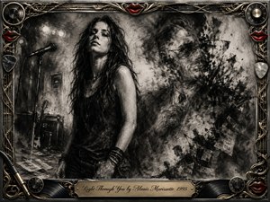 A defiant woman stands beside a microphone in a shadowy performance space, while a fractured male figure dissolves into jagged charcoal fragments behind her. Deep blacks, smoky grays, and muted metallic gold create a confrontational mood. Dramatic low lighting, expressive charcoal textures, red lips, vinyl records, strings, and ornate hardware complete the rock-inspired frame.