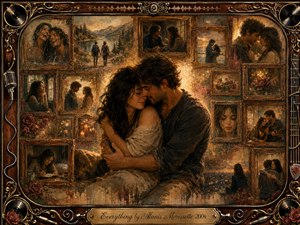 A tender couple embraces at the heart of a nostalgic gallery of framed memories, surrounded by roses, records, microphones, and musical details. Warm amber, bronze, and sepia tones glow beneath soft vintage light. Layered painterly textures, weathered frames, and intimate scenes create a romantic, reflective mood of love, memory, and acceptance.