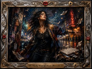 A restless woman strides through a rain-slicked neon city, wind tossing her dark hair and loose papers around her. Deep blues, blacks, amber lights, and crimson signs create an urgent, searching mood. Expressive oil-paint textures energize the scene, framed by ornate chrome, gold filigree, musical motifs, and bright red lips.