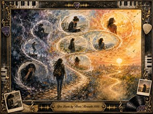 A reflective woman moves through an S-curving journey of feathered memory bubbles, shifting from stormy charcoal blues to radiant amber sunlight. Painterly watercolor and oil textures create a dreamlike, emotional landscape of struggle, growth, and renewal. Musical motifs, photographs, and ornate gold-black framing enrich the nostalgic, hopeful composition.