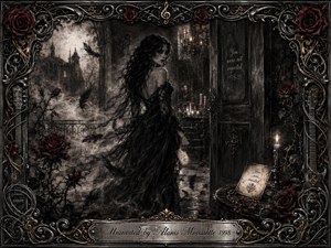 A solitary woman in a flowing black gown stands at a shadowed manor doorway, surrounded by drifting feathers, roses, mist, and candlelight. Deep charcoal textures and crimson accents create a haunting, seductive mood. An ornate silver, black, and gold musical frame surrounds the gothic scene, with an engraved title plate below.