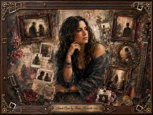 A dark-haired woman sits pensively amid faded photographs, antique frames, roses, and musical relics, surrounded by warm sepia, bronze, charcoal, and muted crimson tones. Soft, nostalgic lighting deepens the reflective mood, while layered oil-paint textures, weathered paper, guitar details, and ornate framing evoke secrecy, memory, regret, and emotional distance.
