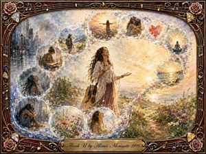 A serene woman stands amid wildflowers beneath golden light, surrounded by translucent memory bubbles flowing in a graceful S-curve. Rainy city scenes fade into mountains, embraces, meditation, and glowing water. Soft watercolor textures blend gold, blue, rose, and lavender, while an ornate rosewood, chrome, and musical frame completes the reflective, grateful mood.