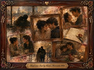 A tender romantic collage portrays a couple sharing intimate moments in cafes, rainy streets, and warmly lit rooms. Vintage rosewood frames, golden filigree, roses, and musical accents surround softly fading memories. Rich amber, brown, cream, and rose tones, glowing lamplight, and expressive oil-painted textures create warmth, nostalgia, devotion, and quiet emotional intimacy.