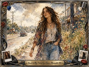 A windswept young woman strolls along a sunlit roadside with one hand tucked casually in her pocket, surrounded by wildflowers, telephone poles, and distant traffic. Loose watercolor washes blend dusty blues, warm golds, and muted greens, creating a reflective yet carefree mood, framed by ornate musical details and polished metallic accents.